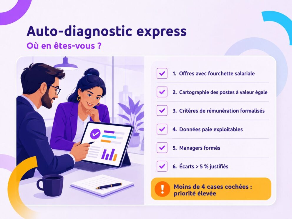 Illustration d’un auto-diagnostic de conformité salariale avec deux professionnels analysant un tableau de bord et une série d’icônes de vérification.