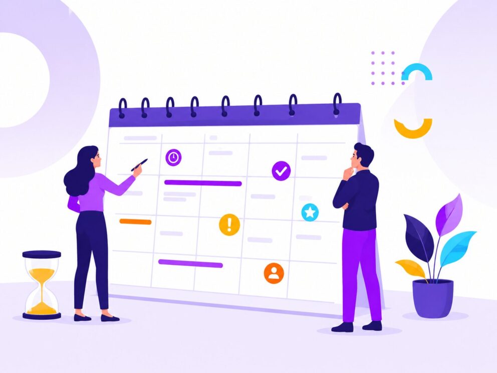 Illustration d’un calendrier de préparation à la transparence salariale avec deux professionnels analysant les échéances réglementaires.