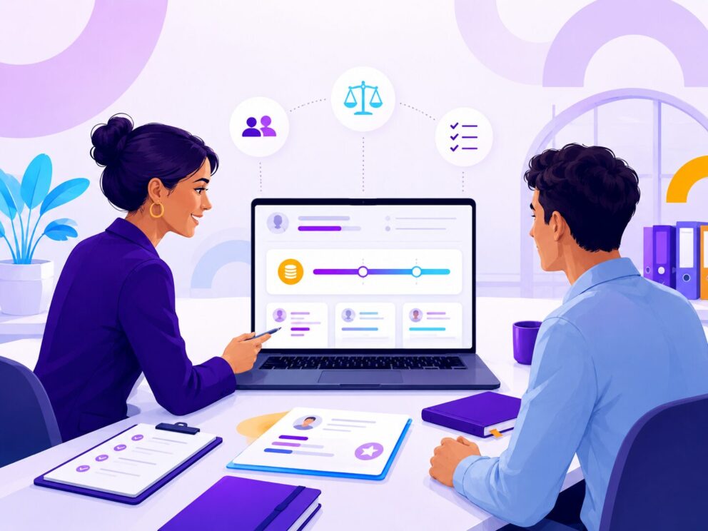 Illustration d’un entretien de recrutement avec une interface de rémunération et des critères objectifs affichés sur un ordinateur.